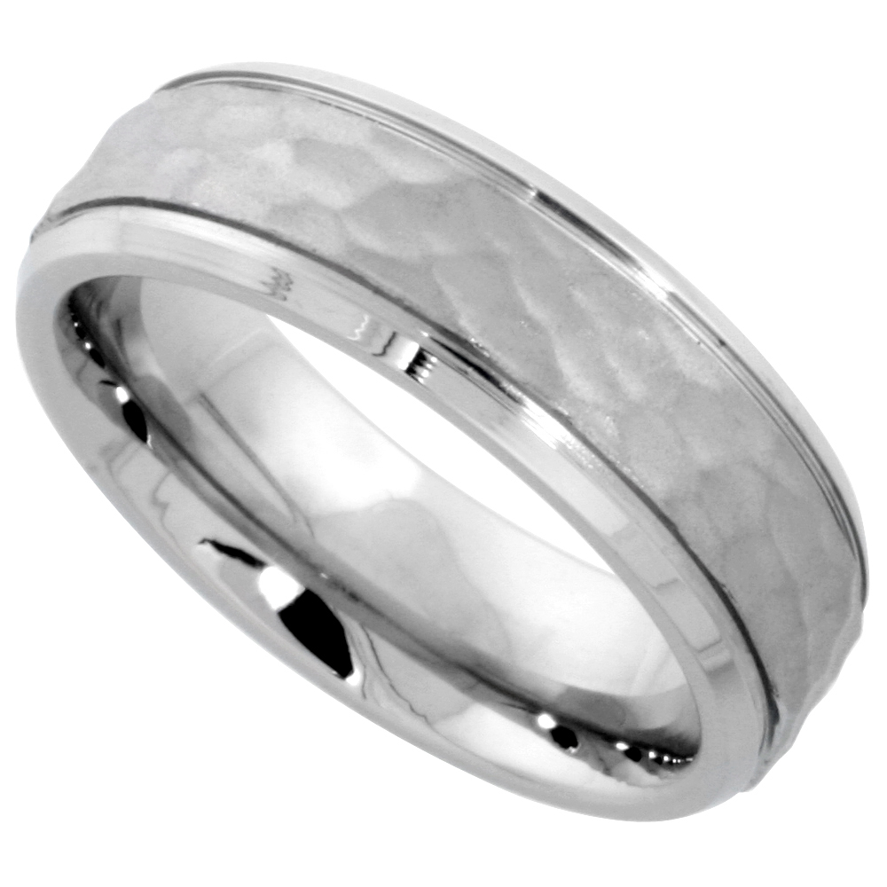 Surgical Stainless Steel 6mm Hammered Wedding Band Ring Grooved Beveled Edges Comfort-Fit, sizes 5 - 9