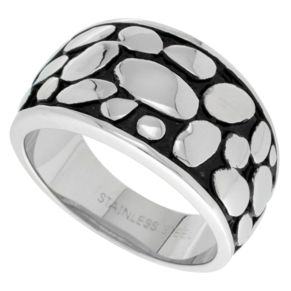 SURGICAL STAINLESS STEEL CIGAR BAND RING BALI PEBBLES PATTERN 1/2 INCH WIDE SIZES 5 - 9