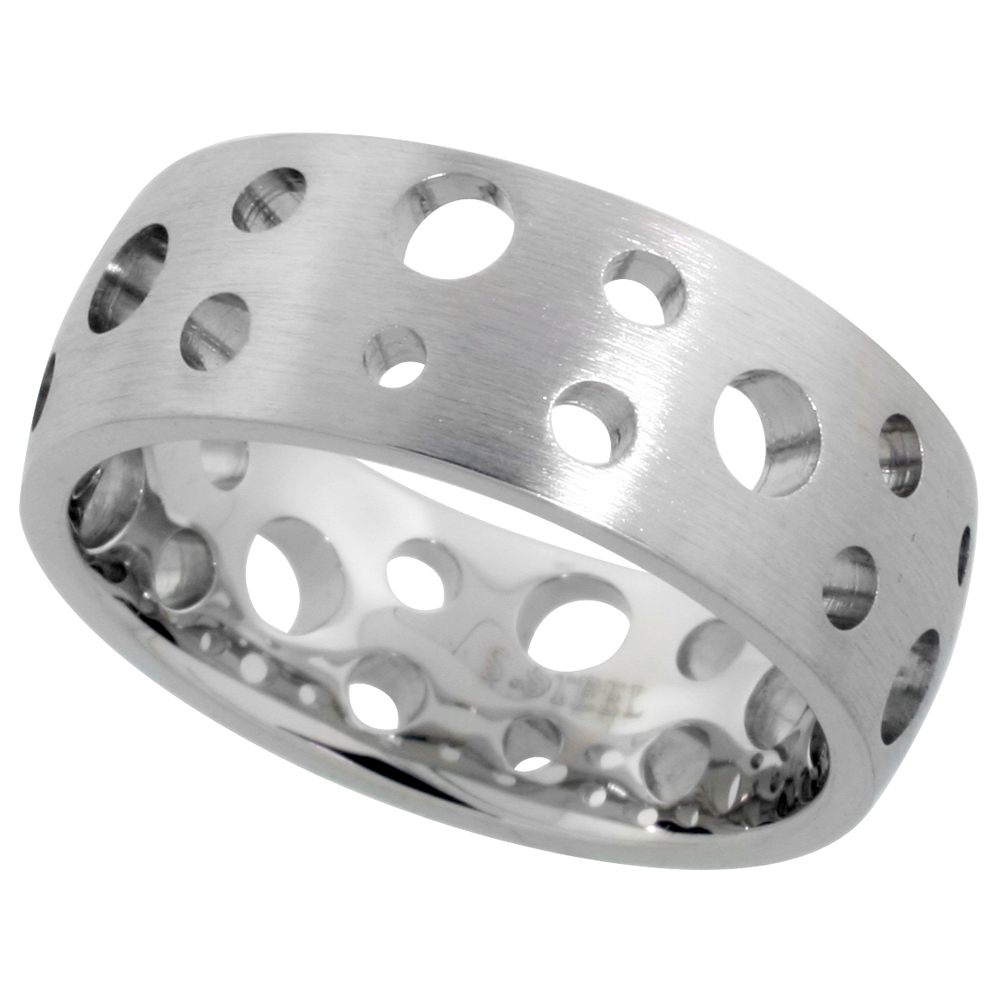 STAINLESS STEEL DOMED 8MM WEDDING BAND RING BUBBLE PATTERN HOLES MATTE FINISH COMFORT-FIT SIZES 9 - 14