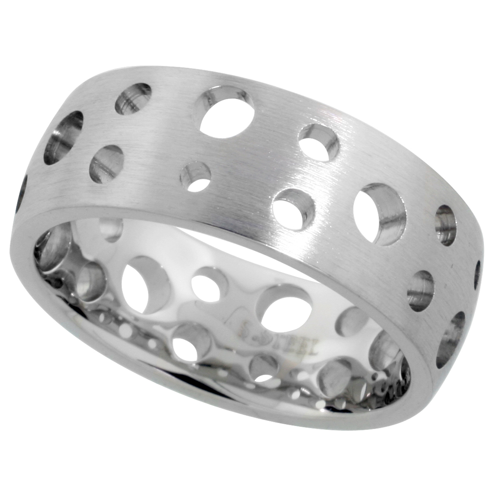 Stainless Steel Domed 8mm Wedding Band Ring Bubble Pattern Holes Matte Finish Comfort-fit, sizes 9 - 14