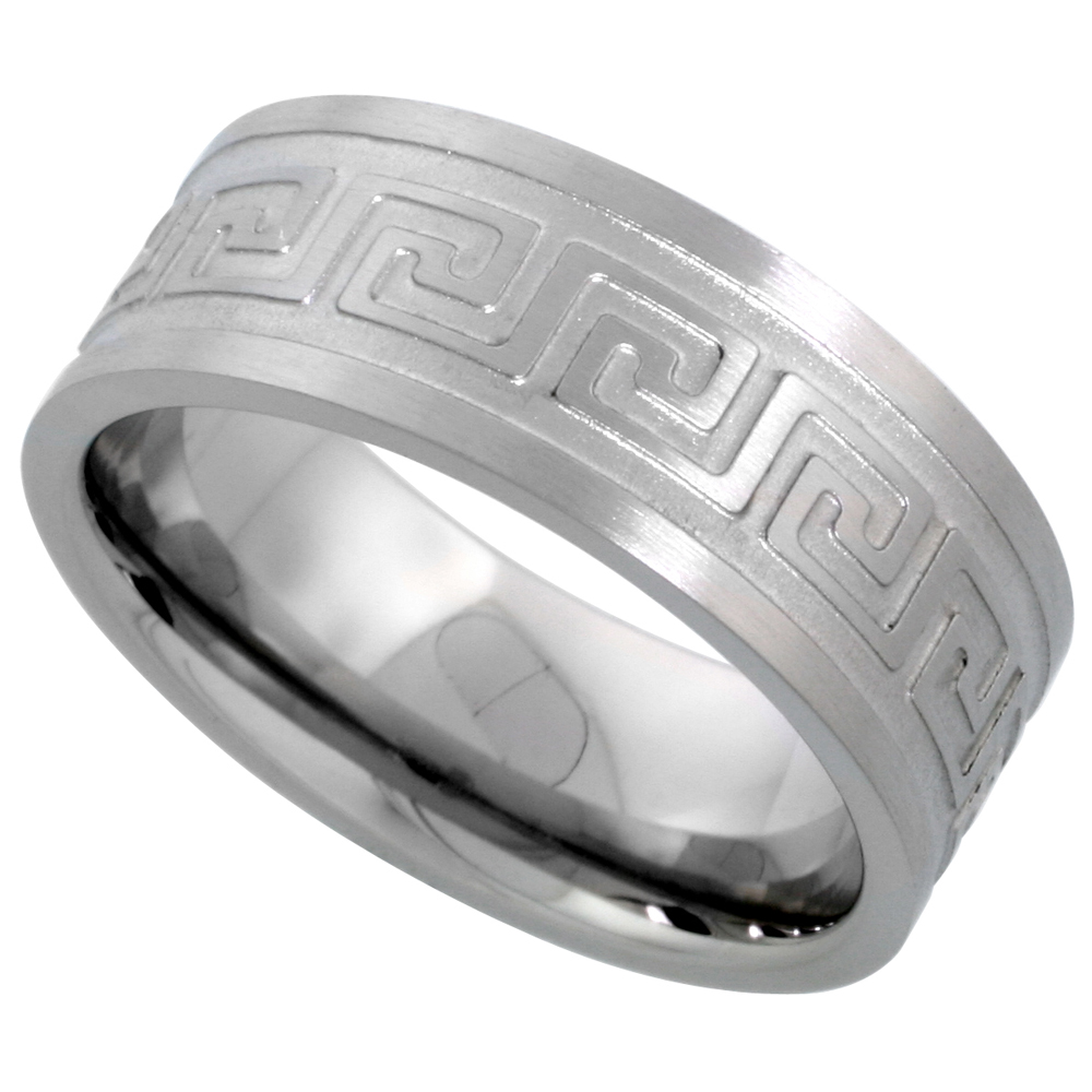 SURGICAL STAINLESS STEEL 8MM GREEK KEY WEDDING BAND RING COMFORT-FIT SIZES 7 - 14