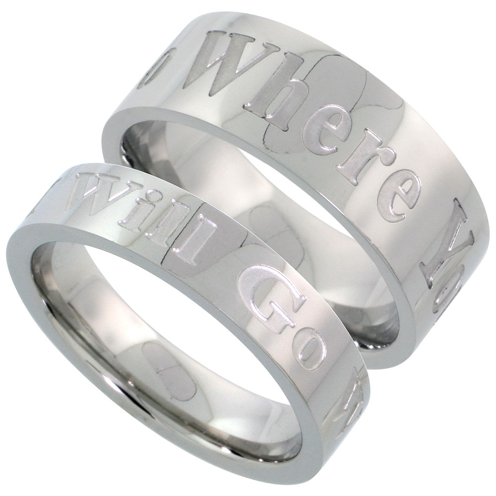Stainless Steel His (8mm) &amp; Hers (5mm) WHERE YOU GO I WILL GO Wedding Ring Band Set; (Men&#039;s Sizes 8 to 14, Ladies&#039; Sizes 5 to 9)