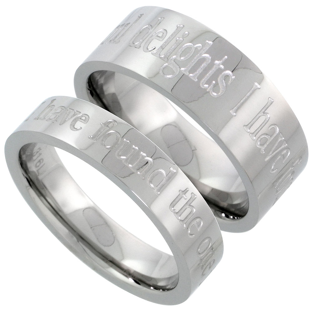 Stainless Steel Wedding Band Set I HAVE FOUND THE ONE IN WHOM MY SOUL DELIGHTS 8 &amp; 5 mm, sizes 5 - 14
