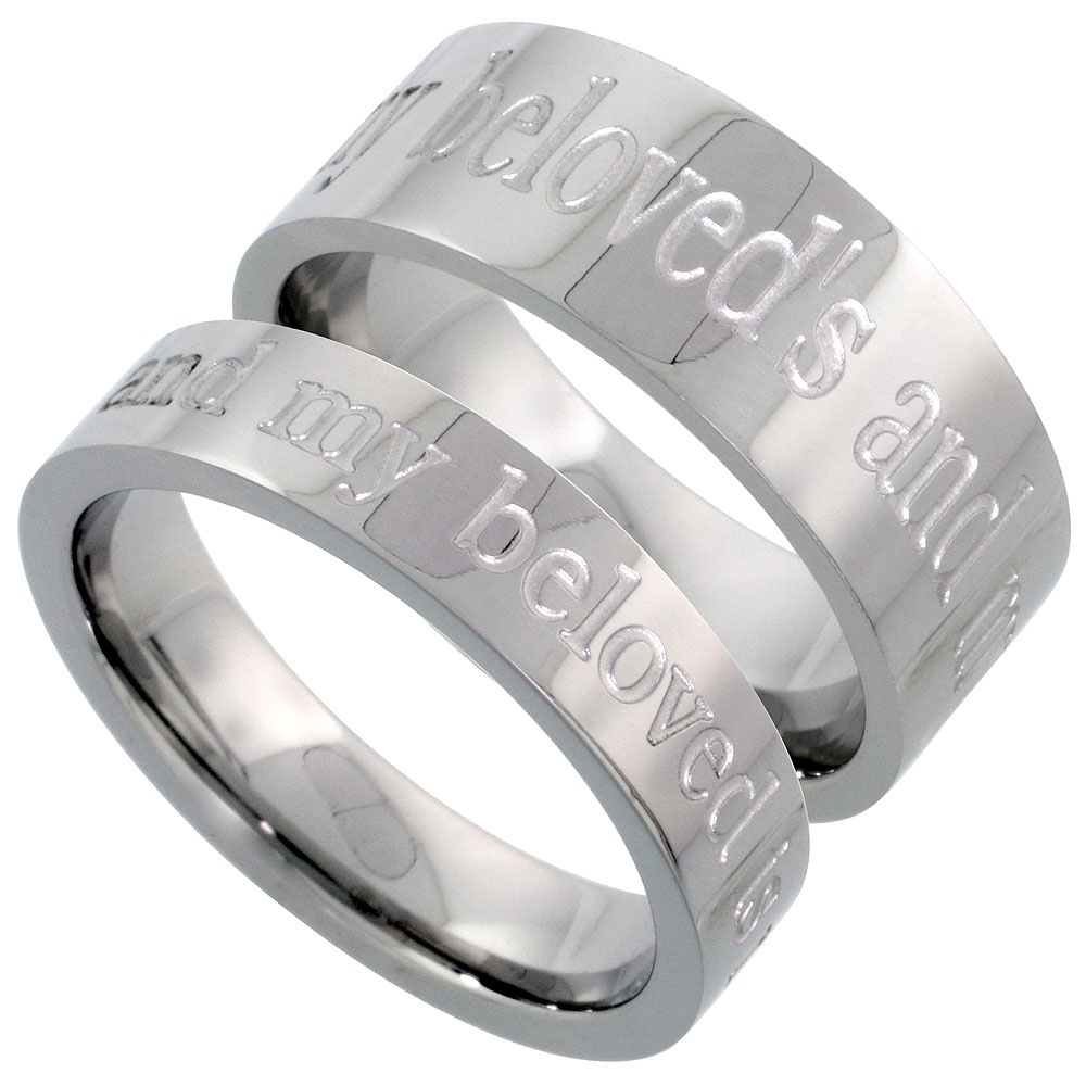 Stainless Steel Wedding Band Set I AM MY BELOVED&#039;S AND MY BELOVED IS MINE 8 &amp; 5 mm, sizes 5 - 14