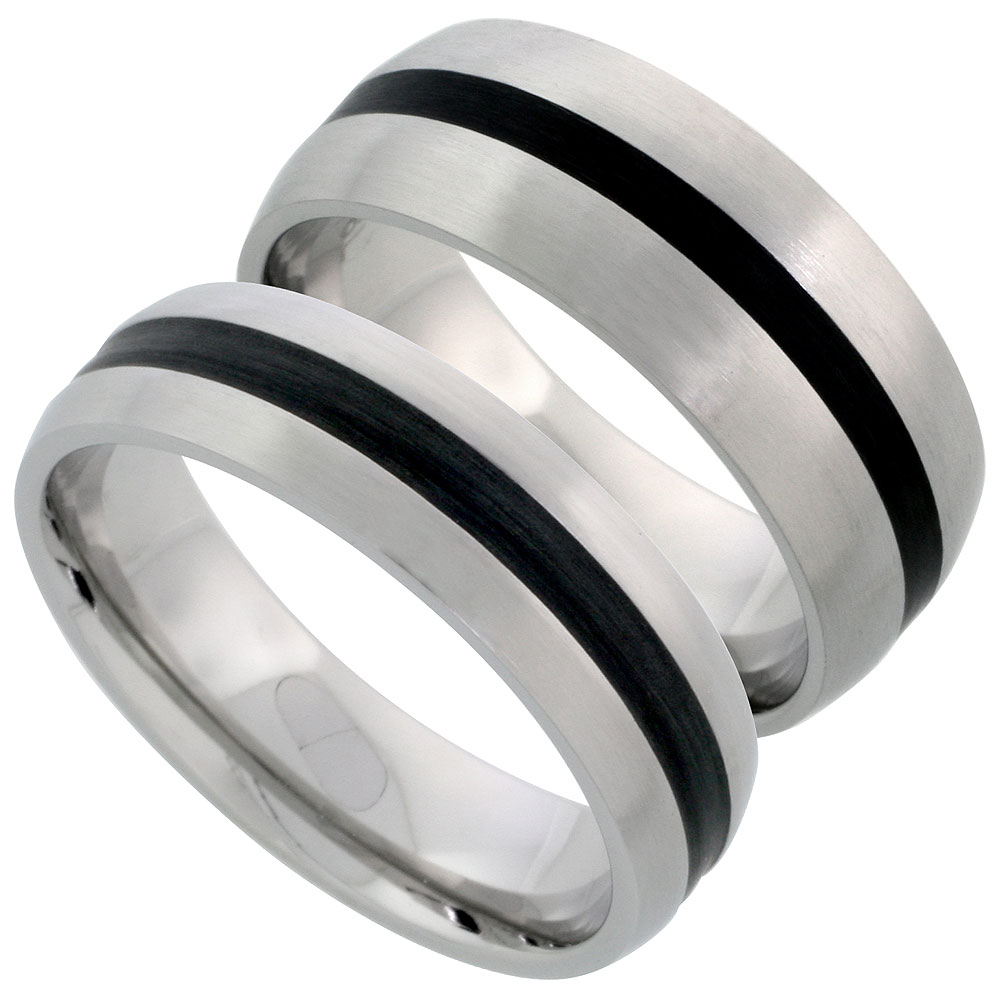 Stainless Steel Wedding Band Set Black Stripe Center Dome 8 & 6 mm His & Hers Comfort Fit, sizes 5 - 14