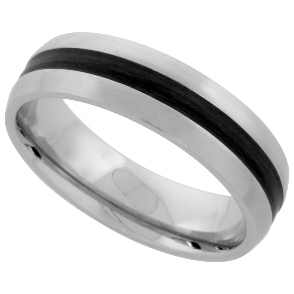Stainless Steel Domed 6mm Wedding Band Ring Black Stripe Inlay Center Matte Finish Comfort-fit, sizes 5-9