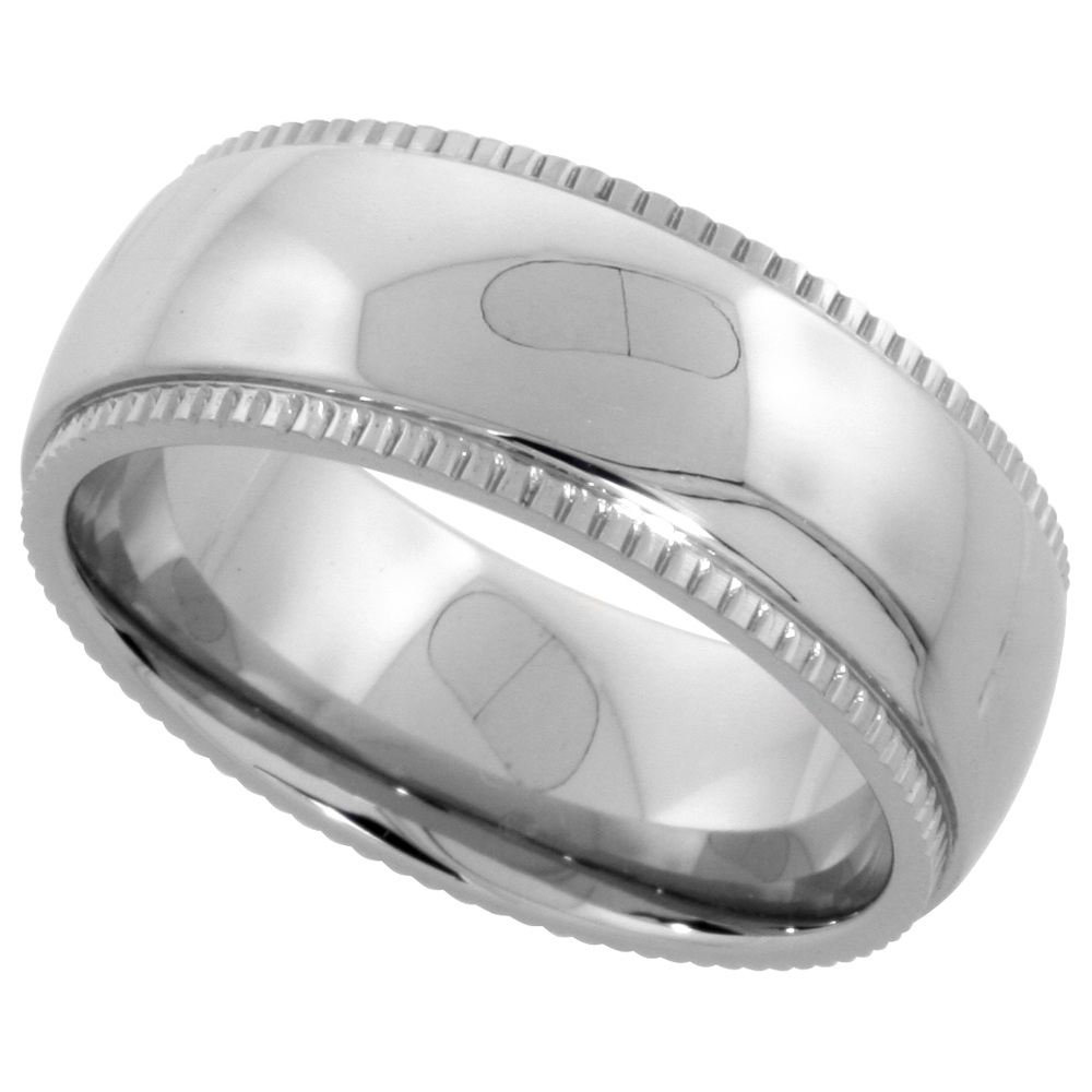 SURGICAL STAINLESS STEEL MILGRAIN WEDDING BAND / THUMB RING 8MM DOMED POLISHED COMFORT-FIT SIZES 7 - 14