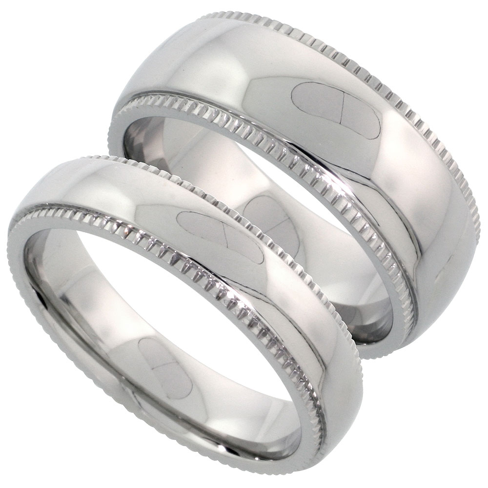 Stainless Steel His &amp; Hers Milgrain Wedding Ring Set Domed 5 &amp; 8 mm wide Comfort Fit, sizes 5 - 14