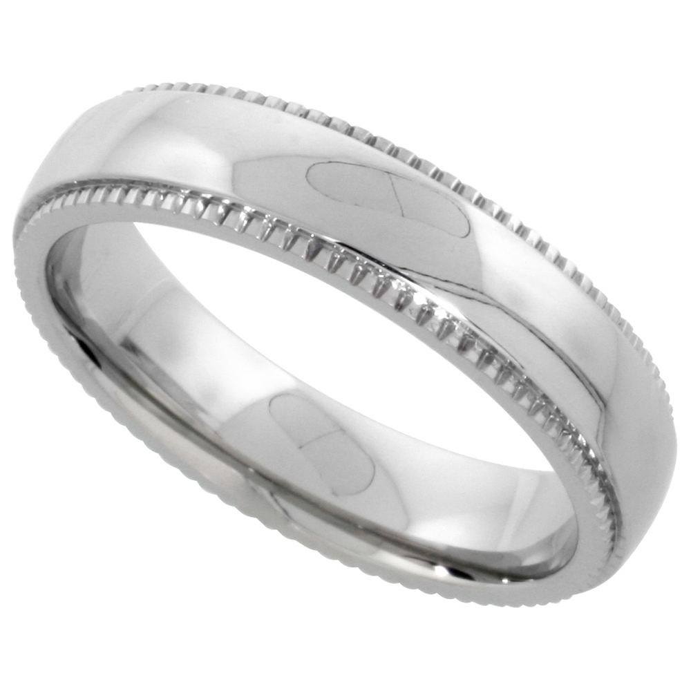 SURGICAL STAINLESS STEEL MILGRAIN WEDDING BAND / THUMB RING 5MM DOMED POLISHED COMFORT-FIT SIZES 5 - 9