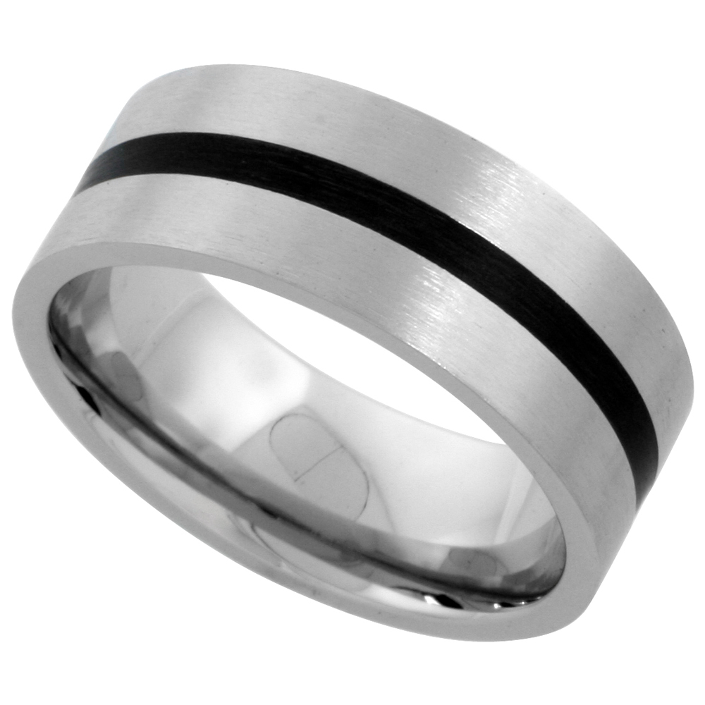 Stainless Steel 8mm Wedding Band Ring Black Stripe Inlay Center Matte Finish Comfort-fit, sizes 7 - 14