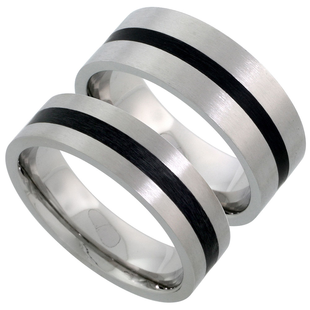 Stainless Steel Wedding Band Set Black Stripe Center Flat 8 & 6 mm His & Hers Comfort Fit, sizes 5 - 14