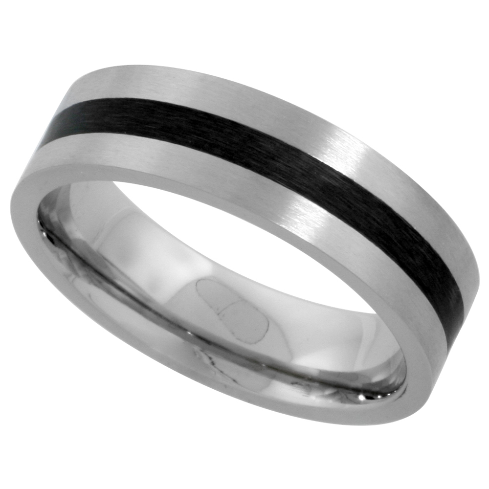 Stainless Steel 6mm Wedding Band Ring Black Stripe Inlay Center Matte Finish Comfort-fit, sizes 5 - 9