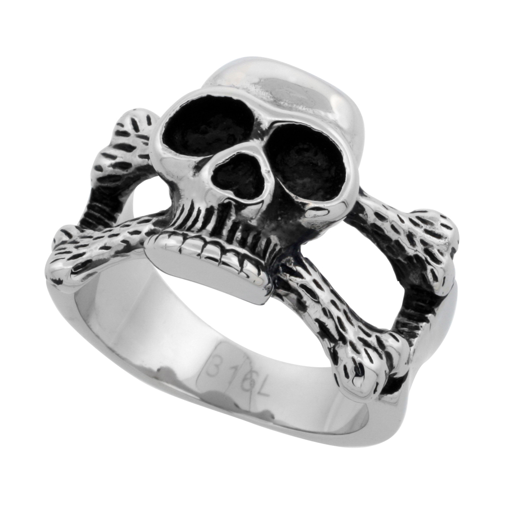 STAINLESS STEEL SKULL AND CROSS BONES BIKER RING FOR MEN 5/8 INCH LONG SIZES 9 - 15