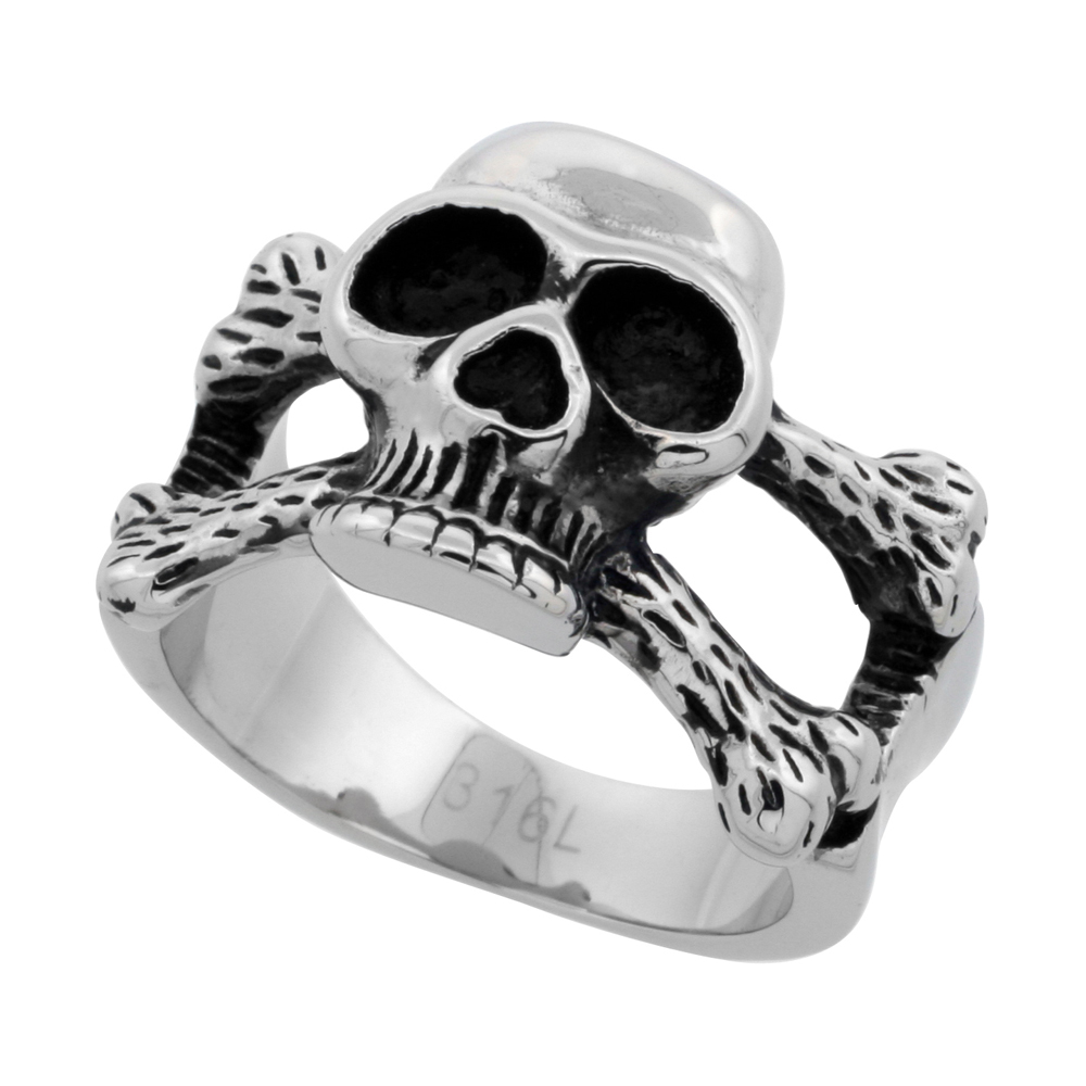 Stainless Steel Skull and Cross Bones Ring Biker Rings for men 5/8 inch long, sizes 9 - 15