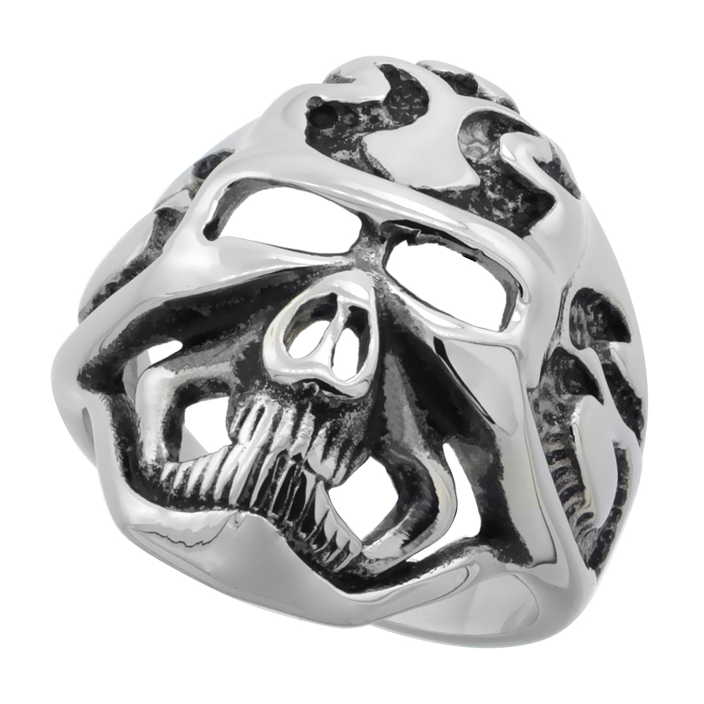 Stainless Steel Skull Ring Heart and Tribal Tattoos biker Rings for men 1 inch long, sizes 5 - 9