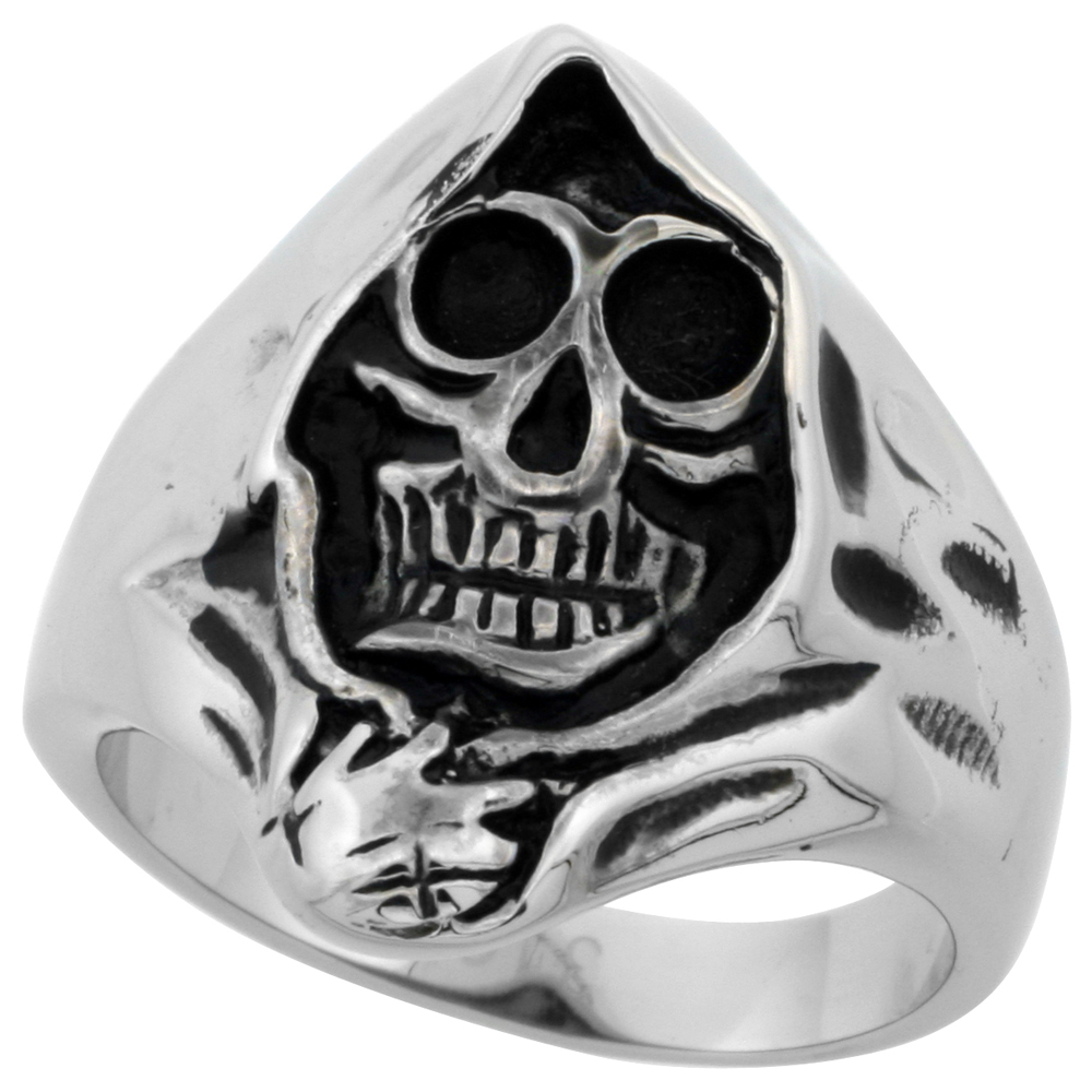 STAINLESS STEEL GRIM REAPER HEAD BIKER RING FOR MEN 1 INCH LONG SIZES 9 - 15