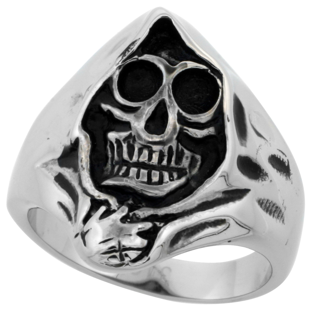 Stainless Steel Grim Reaper Head Ring Biker Rings for men 1 inch long, sizes 9 - 15