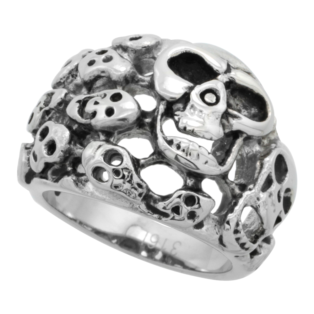 STAINLESS STEEL SKULLS RING DOMED BIKER RING FOR MEN 3/4 INCH LONG SIZES 9 - 15