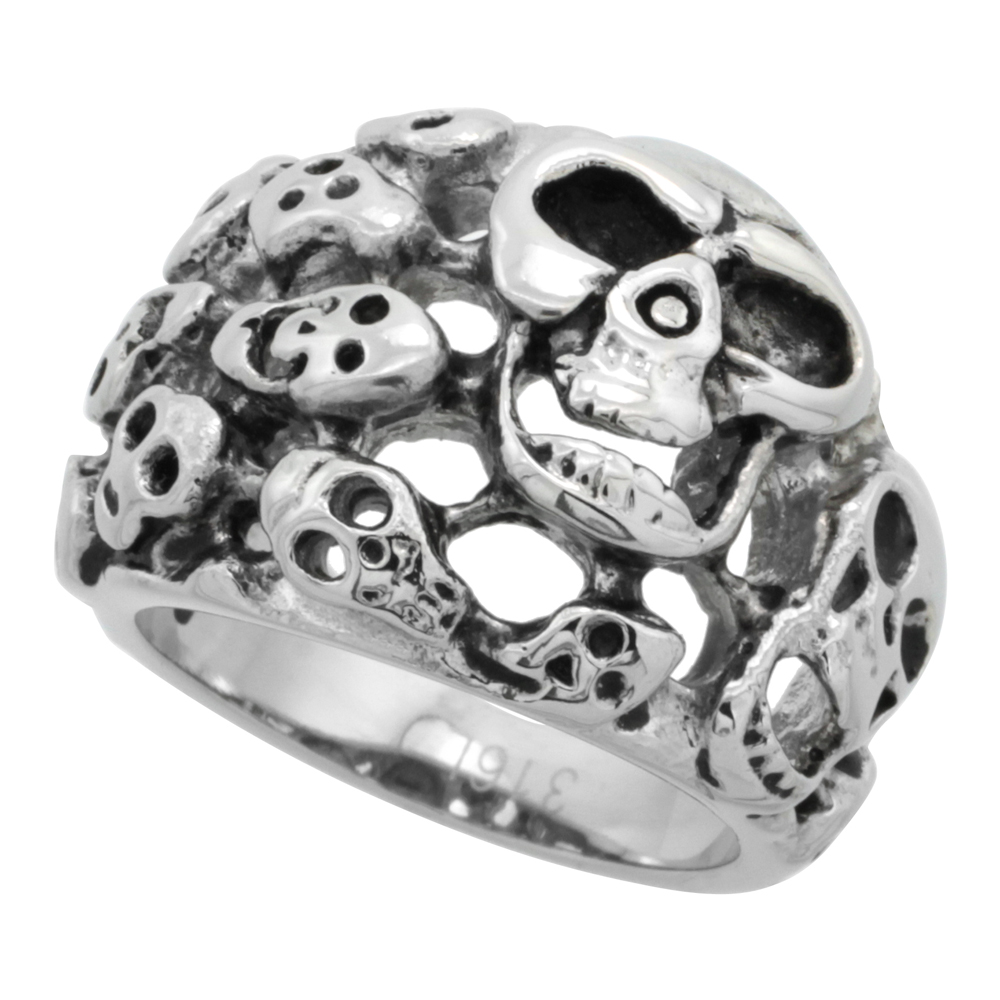 Stainless Steel Skulls Ring Domed Biker Rings for men 3/4 inch long, sizes 9 - 15