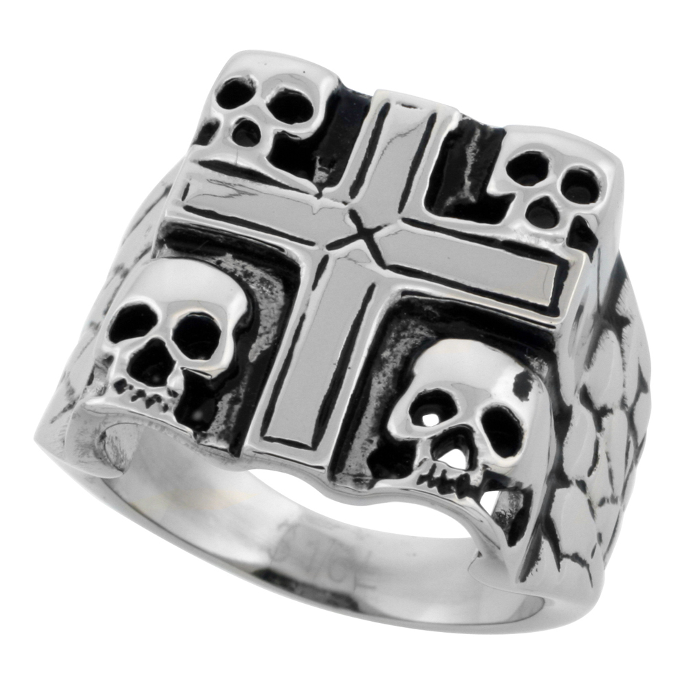 Stainless Steel 4 Skulls in a Cross Ring Biker Rings for men 3/4 inch long, sizes 9 - 15
