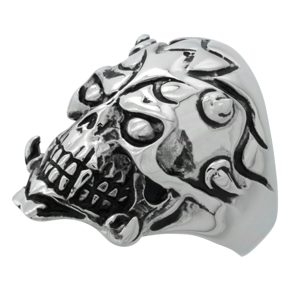 Stainless Steel Tribal Skull Ring horns and Tattoos Biker Rings for men 1 3/16 inch, sizes 9 - 15