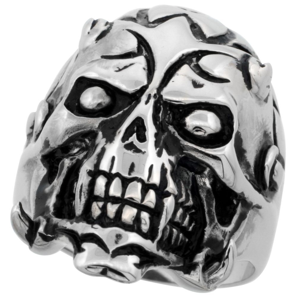 STAINLESS STEEL TRIBAL SKULL RING HORNS AND TATTOOS BIKER RING FOR MEN 1 3/16 INCH SIZES 9 - 15