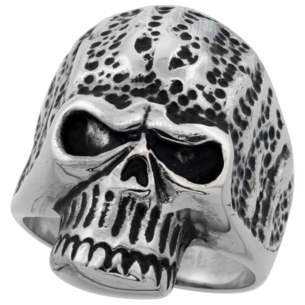 STAINLESS STEEL ROTTING SKULL BIKER RING FOR MEN 1 INCH LONG SIZES 9 - 15