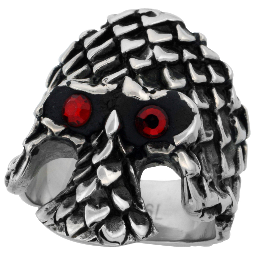 Stainless Steel Gothic Skull Ring Scaly Armor Red CZ Eyes Biker Rings for men 1 3/16 inch, sizes 9-15