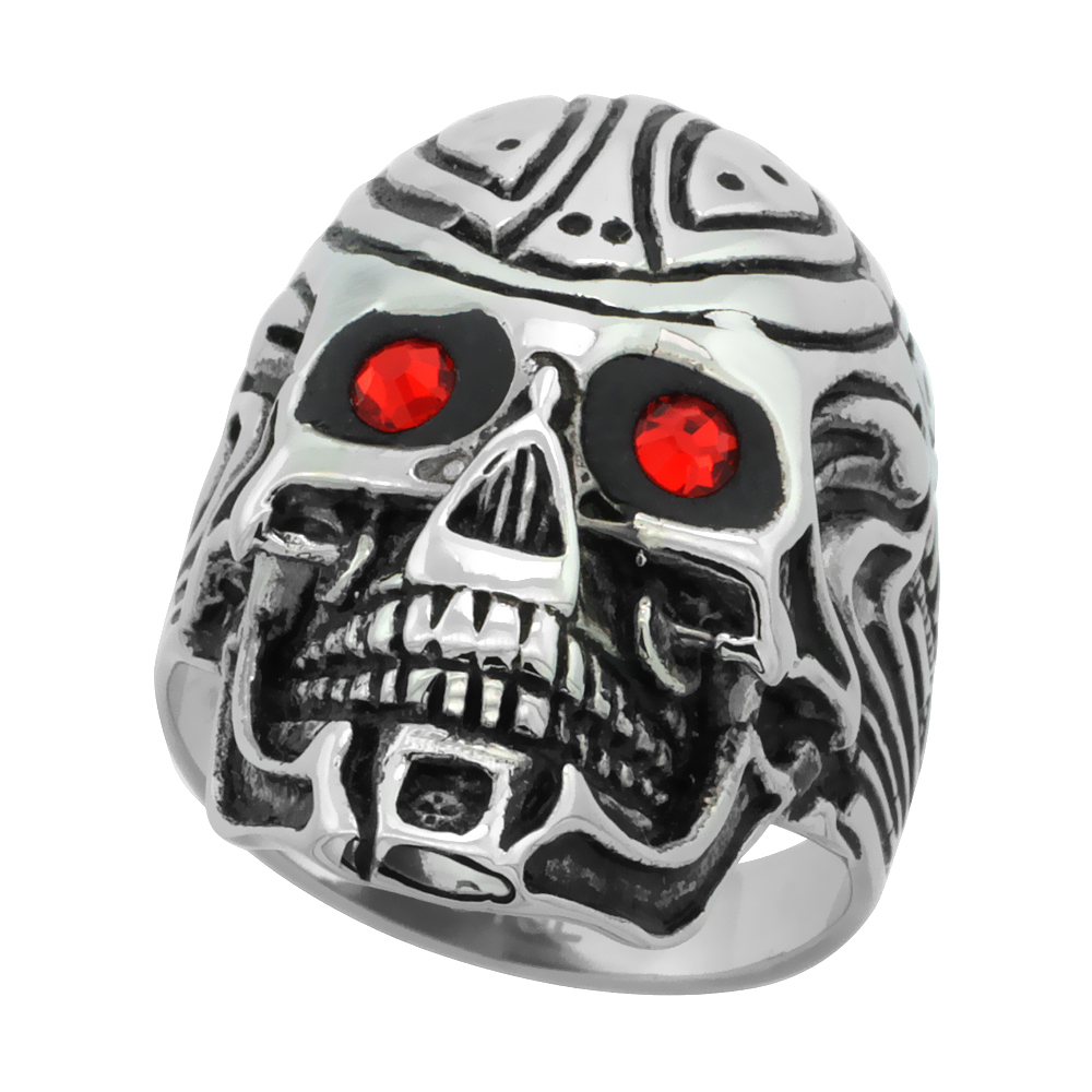 Stainless Steel Cyborg Skull Ring Tribal Tattoos Red CZ Eyes Biker Rings for men 1 1/8 inch, sizes 9 - 15