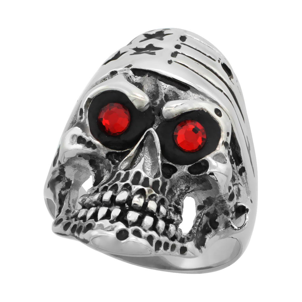 Stainless Steel Skull Ring American Flag Bandana Red CZ Eyes Biker Rings for men 1 5/16 inch, sizes 9-15