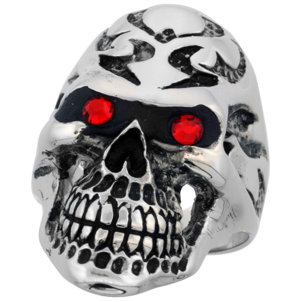 Stainless Steel Skull Ring Tribal Tattoos Red CZ Eyes Biker Rings for men 1 3/8 inch, sizes 9 - 15