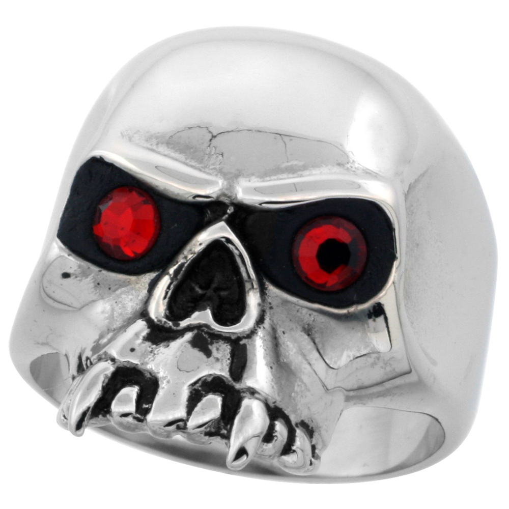 Surgical Stainless Steel Biker Skull Ring with Fangs Red CZ Eyes 1 inch long, sizes 9 - 15