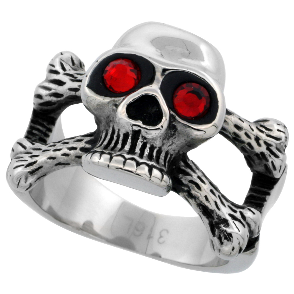 Stainless Steel Skull Ring and Cross Bones Red CZ Eyes Biker Rings for men 5/8 inch, sizes 9 - 15