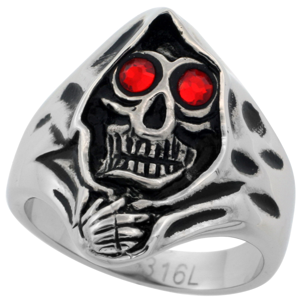 Stainless Steel Skull Ring Grim Reaper Head Red CZ Eyes Biker Rings for men 1 inch, sizes 9 - 15