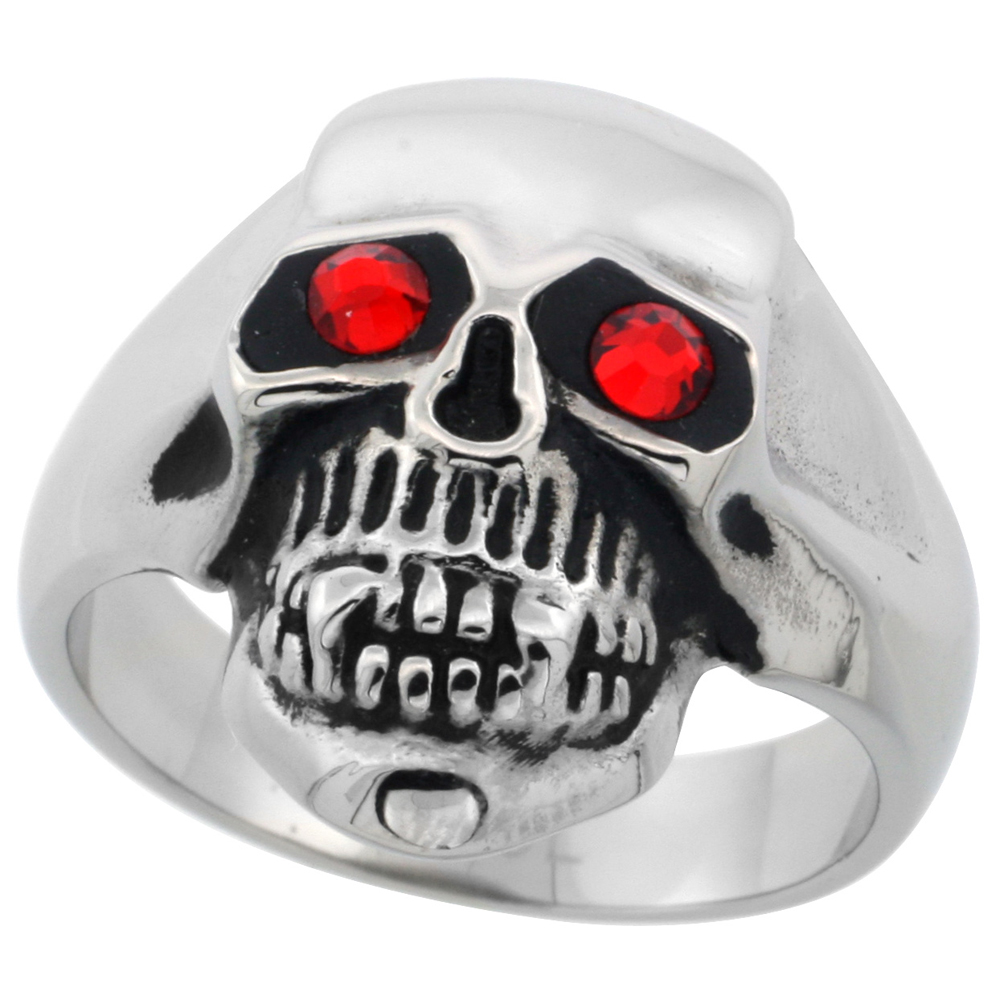 Stainless Steel Skull Ring Red CZ Eyes Biker Rings for men 3/4 inch, sizes 9 - 15