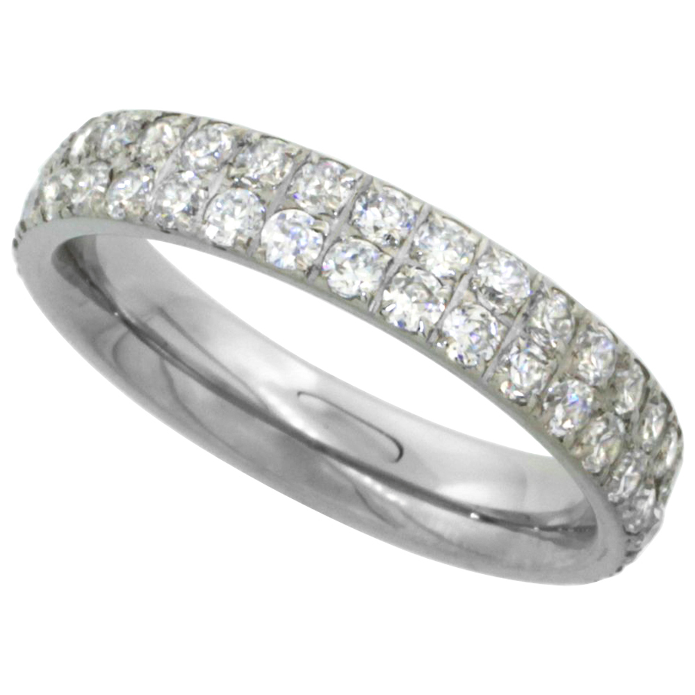 SURGICAL STAINLESS STEEL 2-ROW ETERNITY BAND RING CUBIC ZIRCONIA STONES 4MM SIZES 5 - 9