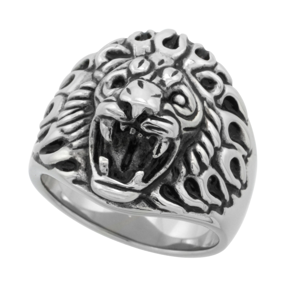 Stainless Steel Lion Head Ring Biker Rings for men 3/4 inch long, Sizes 9 - 15