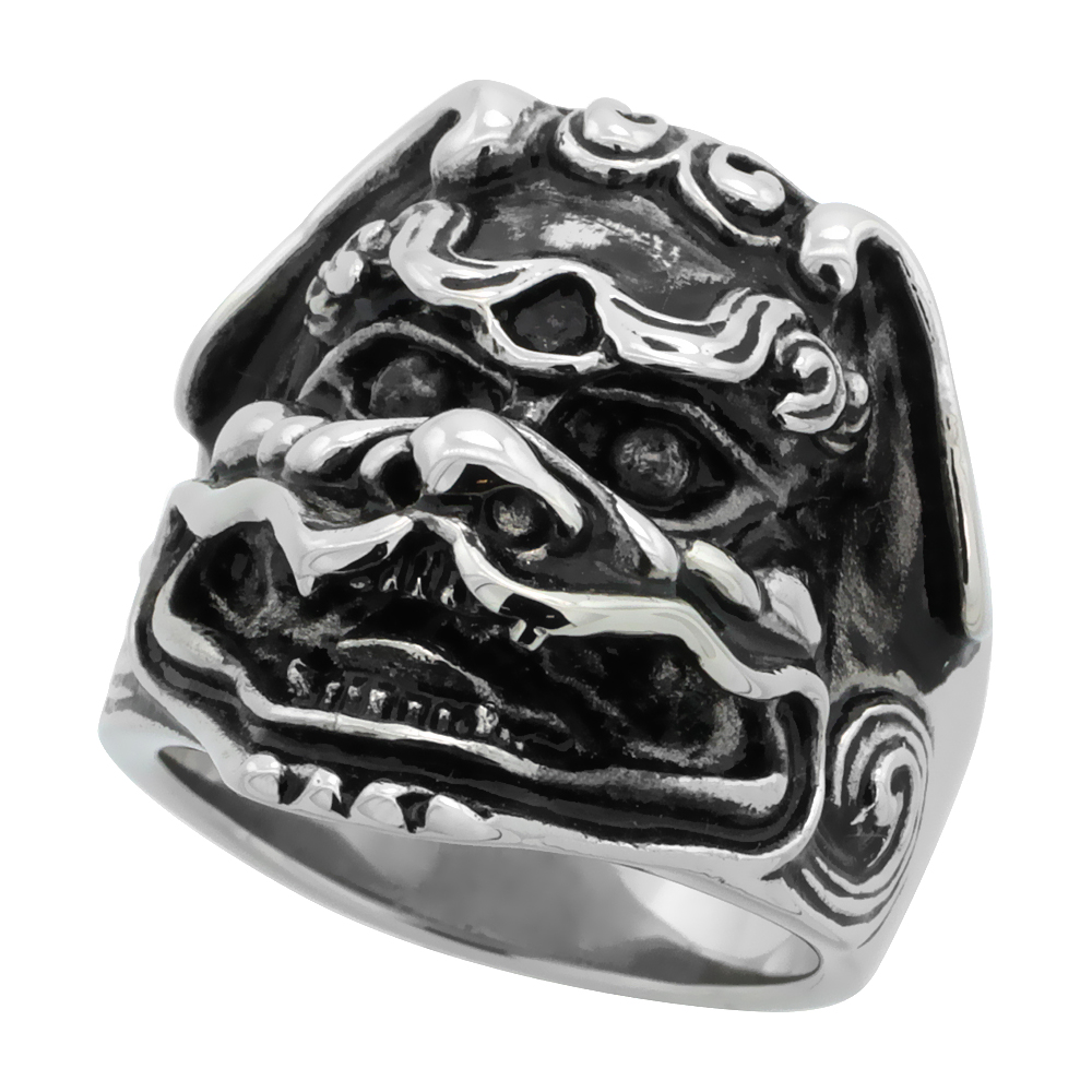 Stainless Steel Chinese Dragon Head Ring Biker Rings for men 1 inch long, Sizes 9 - 15