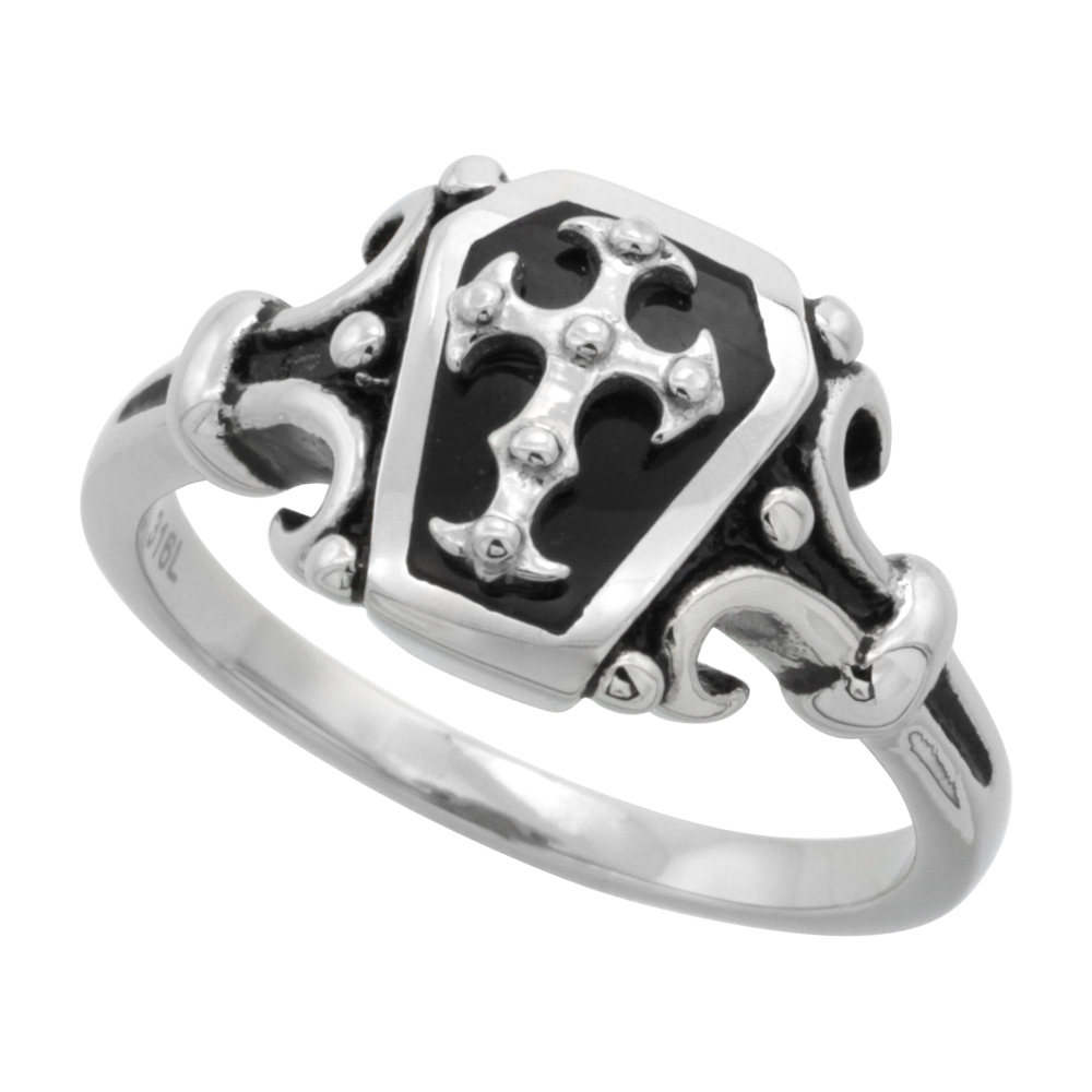 STAINLESS STEEL COFFIN RING CROSS BIKER RING FOR MEN 1 INCH LONG SIZES 9 - 15