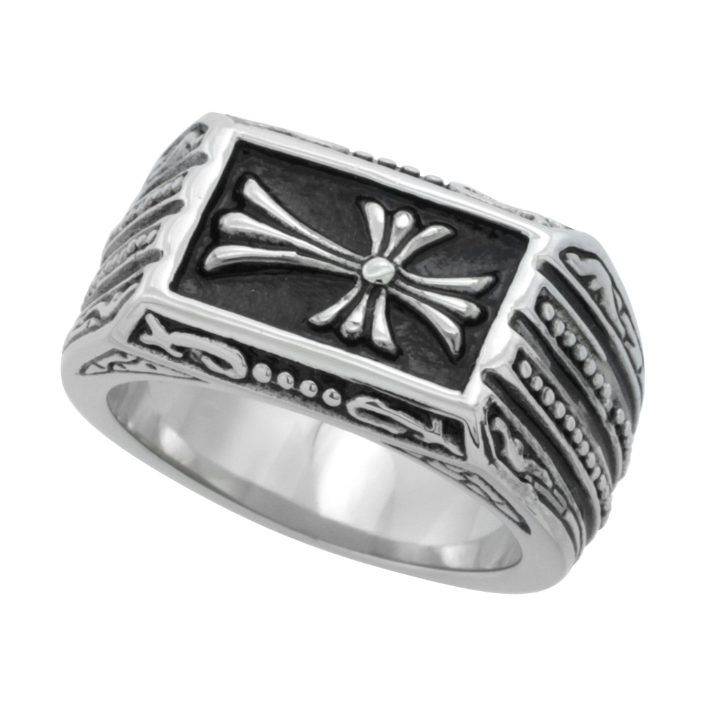 STAINLESS STEEL CROSS PATONCE BIKER RING FOR MEN 1 INCH LONG SIZES 9 - 15