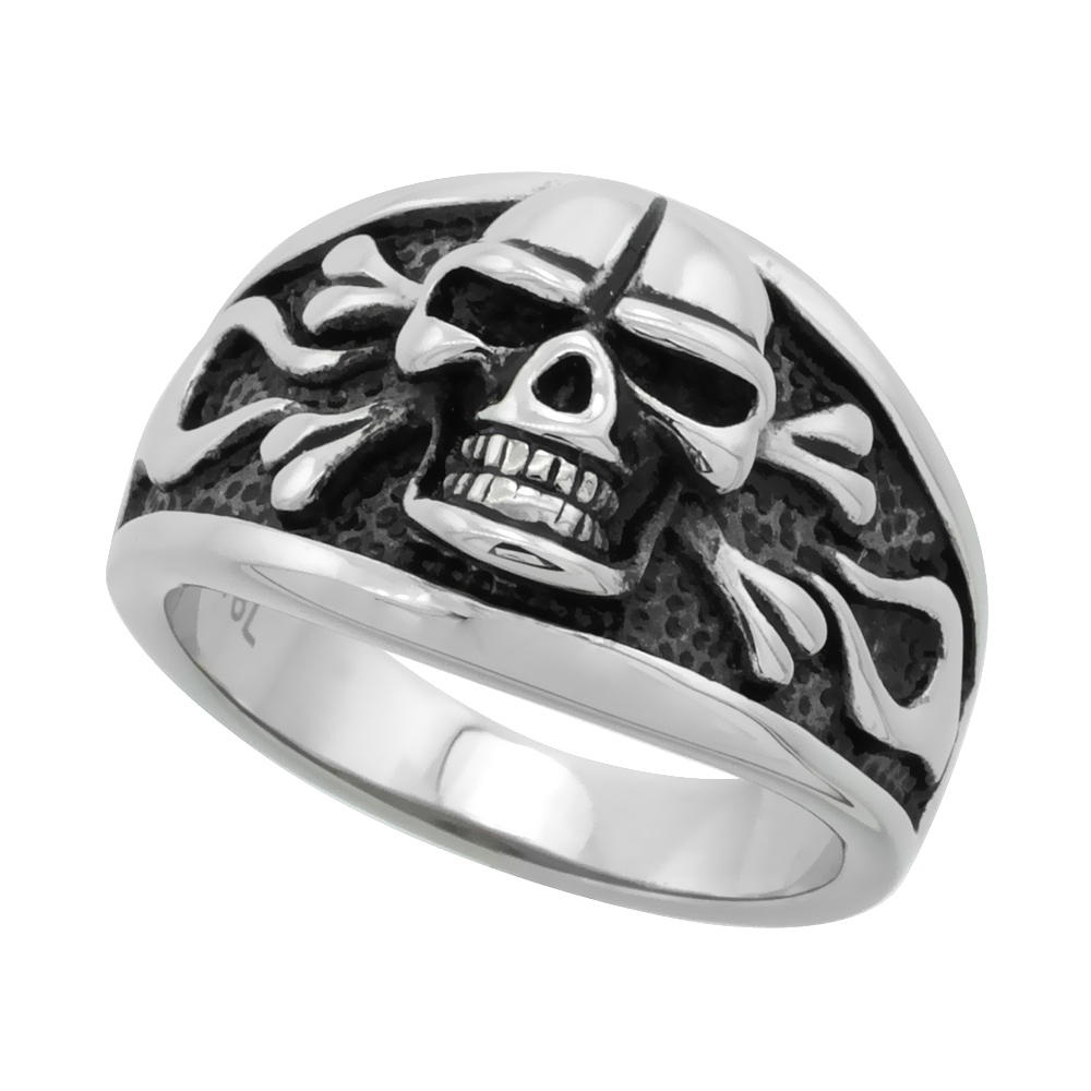 Stainless Steel Skull &amp; Crossbones Ring Cigar Band Biker Rings for men 9/16 inch long, sizes 9 - 15