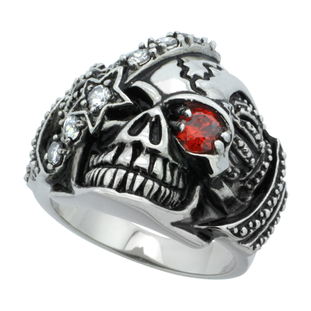 Stainless Steel Skull Ring Eye patch Red CZ Eye Crown Sides Biker Rings for men 1 inch, Sizes 9 - 15
