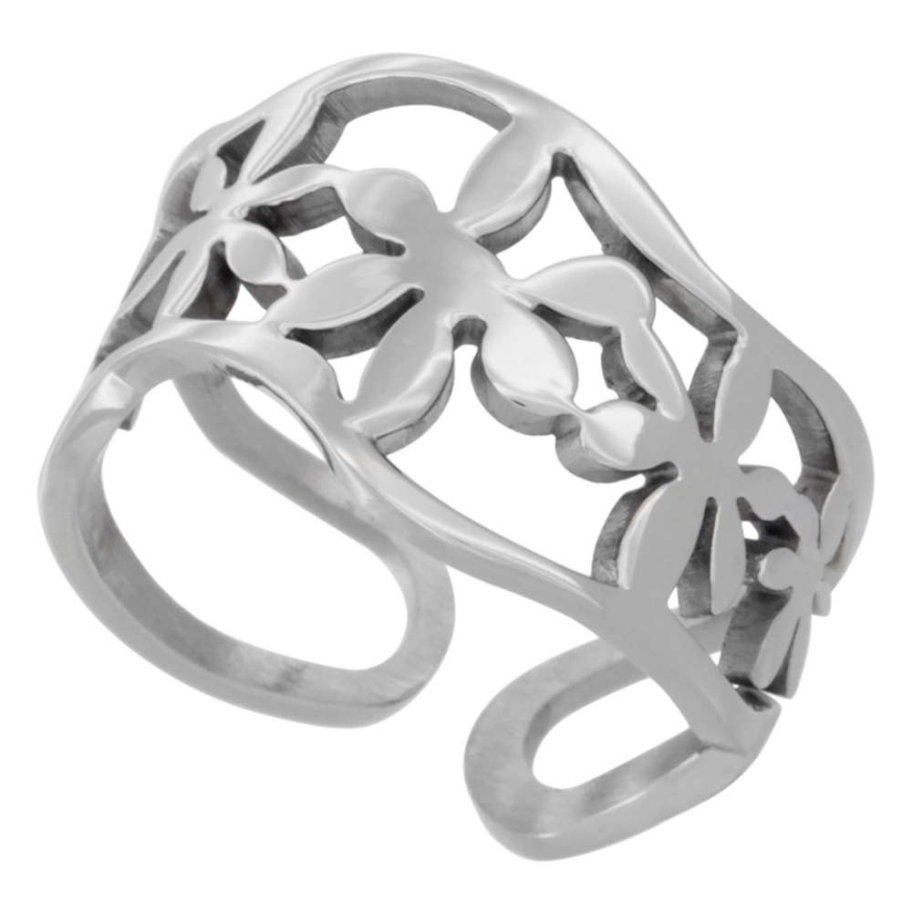 STAINLESS STEEL WAVY FLOWER CUT-OUTS RING OPEN BOTTOM ADJUSTABLE 9/16 INCH WIDE