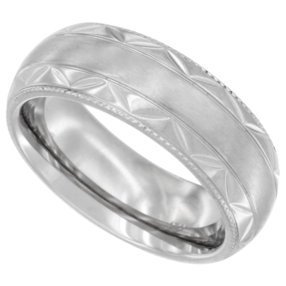 Stainless Steel 7mm Milgrain Wedding Band Ring Zigzag Edges Domed Matte Center Comfort fit, sizes 6-12