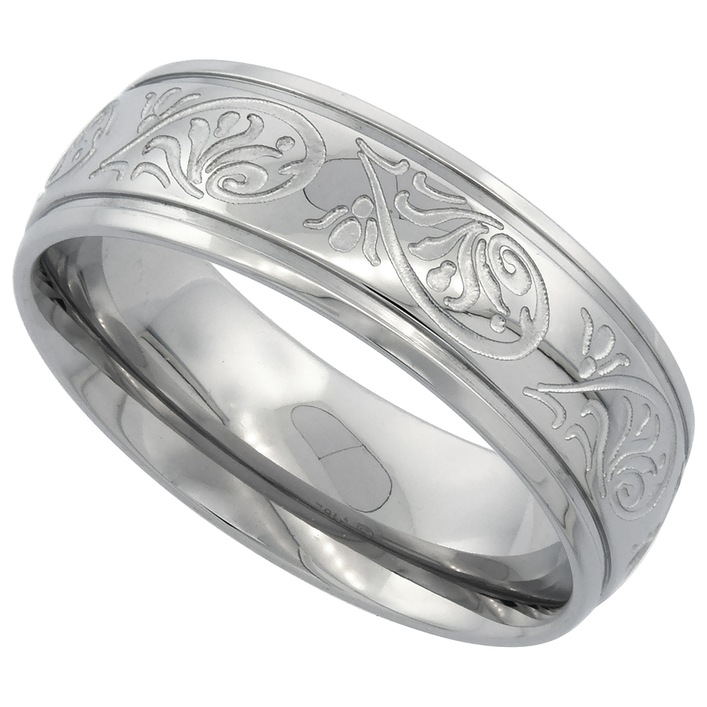 Surgical Stainless Steel 7mm Scrollwork Wedding Band Ring Engraved Comfort fit, sizes 6 - 14