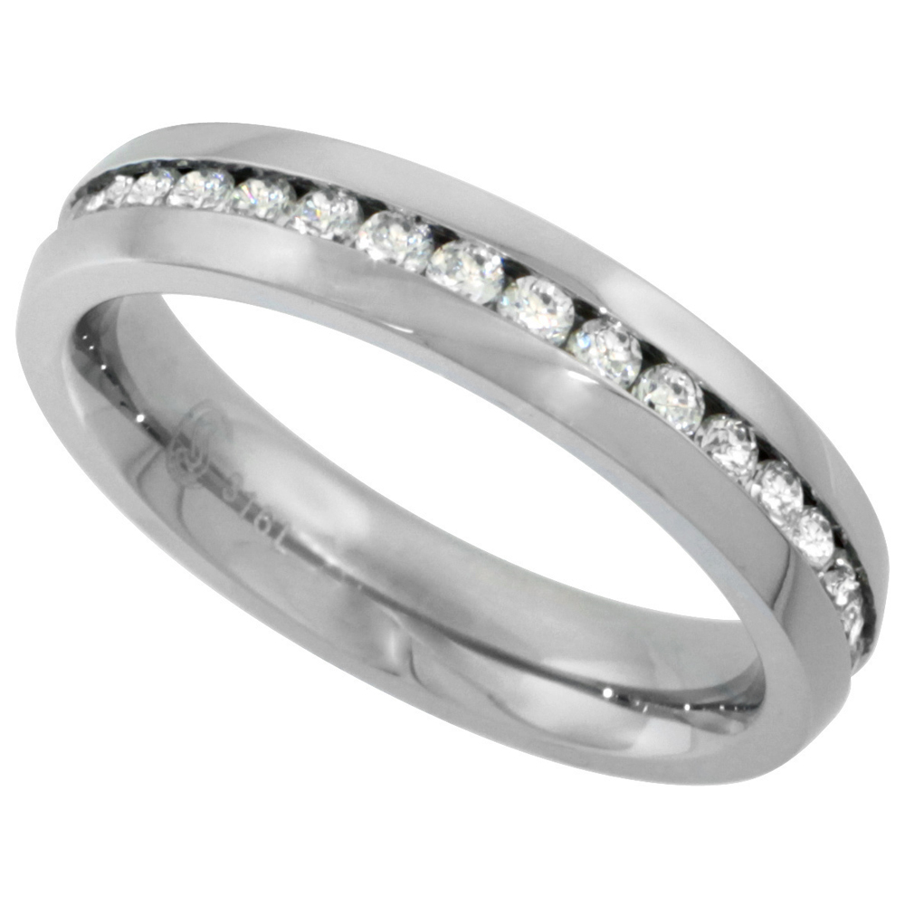 SURGICAL STAINLESS STEEL LADIES 4MM CZ ETERNITY RING WEDDING BAND THIN COMFORT FIT SIZES 5 - 9
