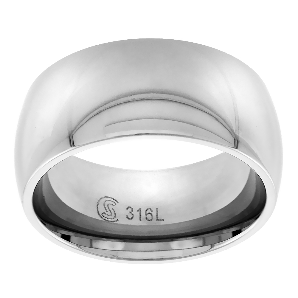 Surgical Stainless Steel Domed 10mm Wedding Band Ring Comfort-Fit High Polish, sizes 5 - 15