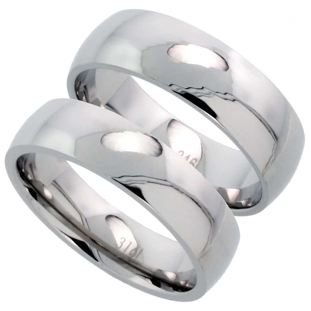 Stainless Steel Plain Wedding Band Set Domed 8 & 6 mm His & Hers Comfort Fit, sizes 5 - 15