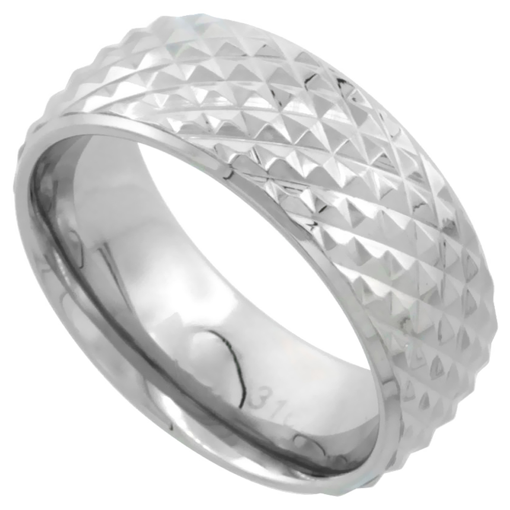 Surgical Stainless Steel Domed Wedding Band Ring Cross-Cut Teeth Pattern 8mm wide, sizes 8 - 14