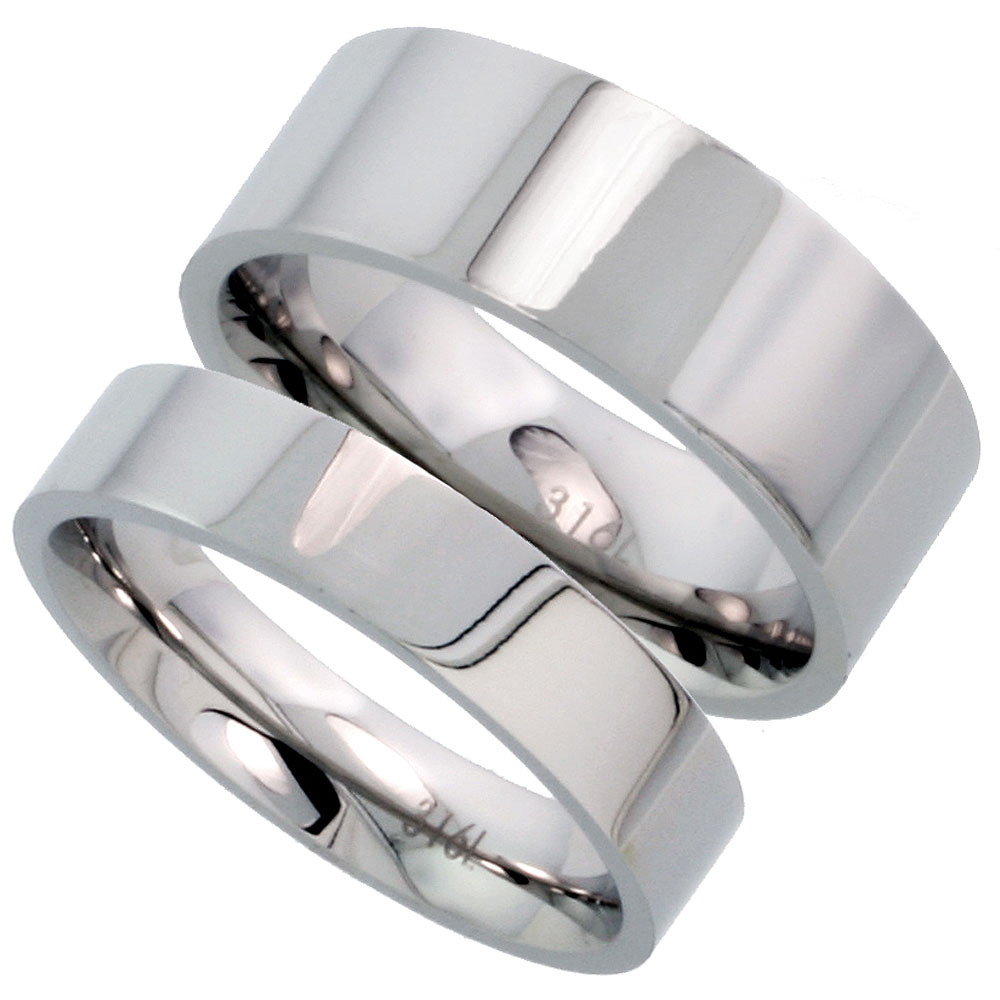 Stainless Steel Plain Wedding Band Set Flat 8 &amp; 5 mm His &amp; Hers Comfort Fit, sizes 5 - 15